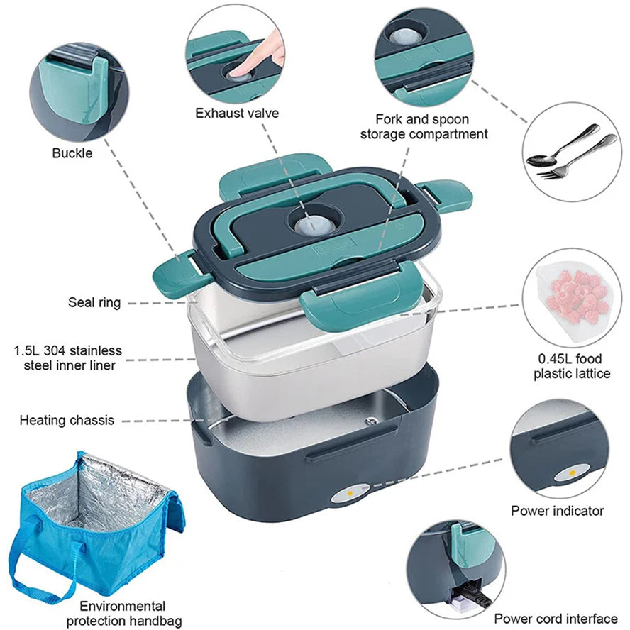 2-in-1 Elektrische Heizung Brotdose 1.5L für Zuhause und Auto 220V 60W Tragbarer Edelstahl Essensbehälter Bento Box