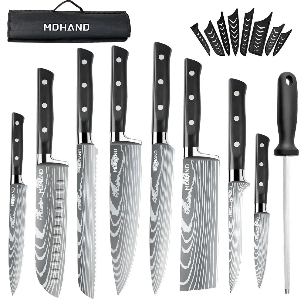 MDHAND Messerset, 8-teilig, scharfes japanisches Kochmesser, Hackbeil, Mehrzweckmesser für Brot und Scheiben, ABS-Griff mit Nylontasche