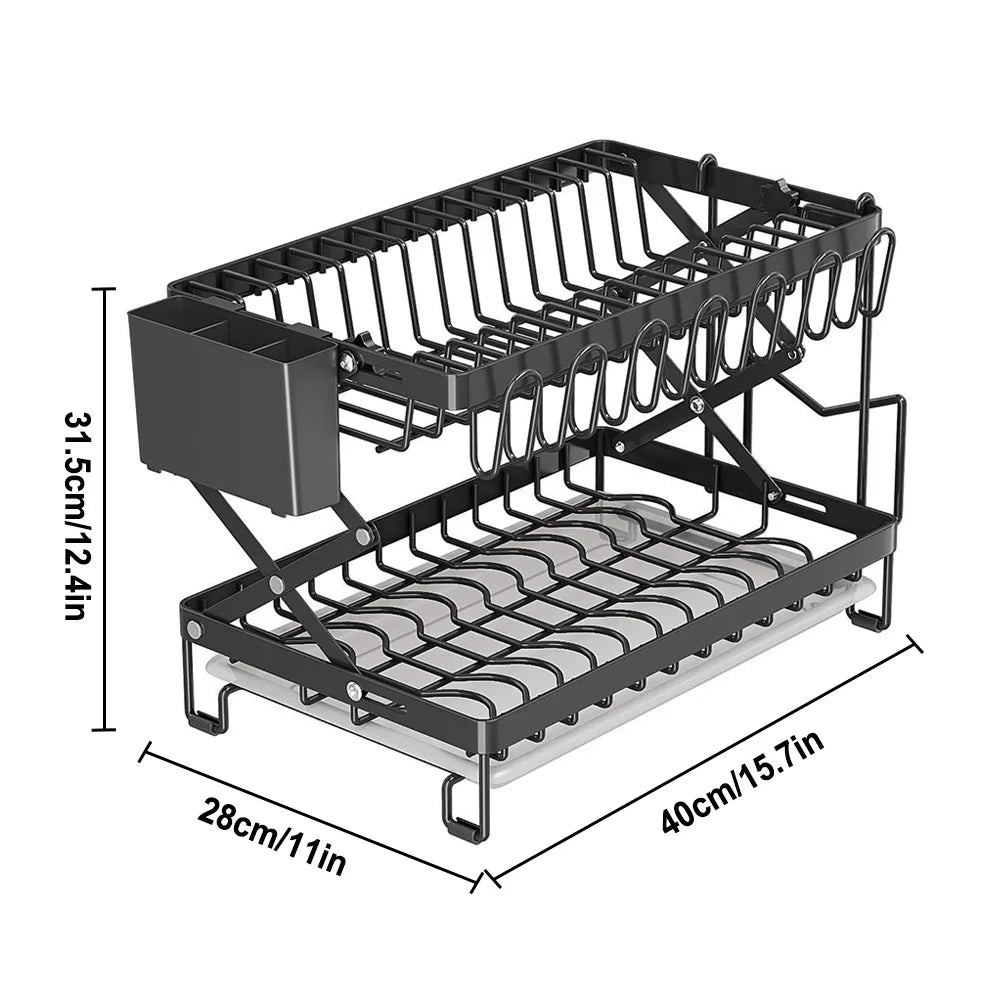 Scolapiatti Pieghevole a 2 Livelli, Organizzatore Espandibile in Metallo per Utensili da Cucina con Scolapiatti Rimovibile e Porta Utensili e Taglieri
