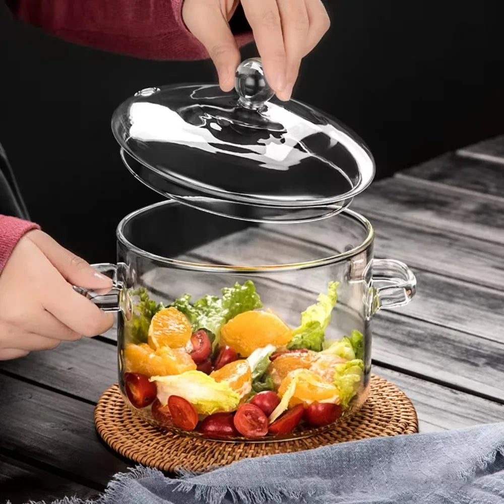1350/1900 ml Hohe Borosilikatglas-Schüssel mit Griff Hitzebeständiger Glastopf mit Deckel Transparenter Kochtopf