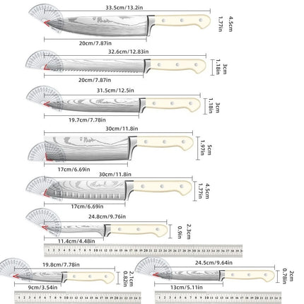 ZENG 8-Piece Carbon Steel Knife Set, White Ergonomic Curved Handle, Dishwasher Safe, Multipurpose for Kitchen and Gifting