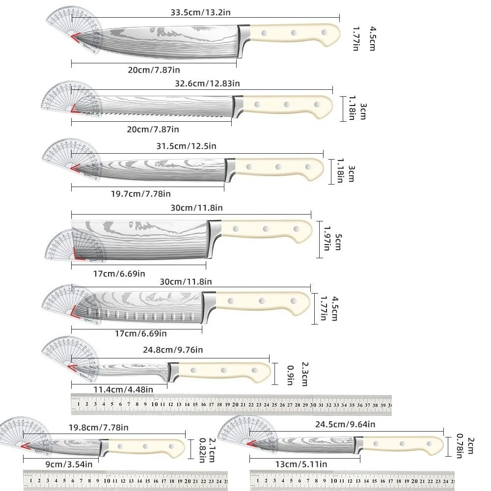 ZENG 8-teiliges Karbonstahl-Messerset, ergonomischer geschwungener weißer Griff, spülmaschinenfest, Mehrzweck-Set für Küche und Geschenke