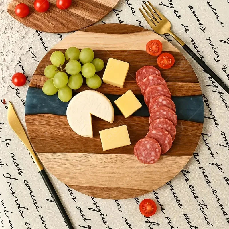 WXCOO Akazienholz-Harz-Rundschneidebrett, Küchenschneidebrett für Steak-Snacks, Obst-Schneidebrett, lebensmittelechtes Schneidebrett, verdickt