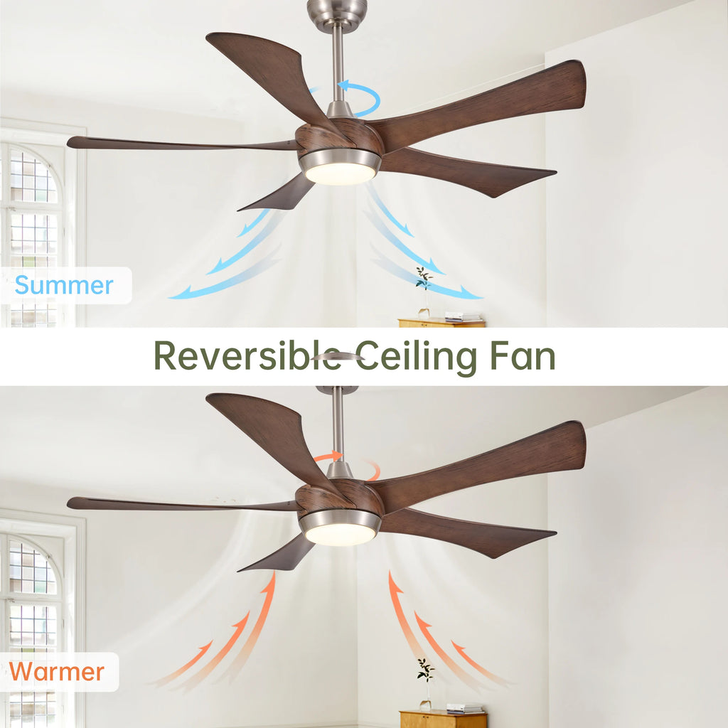 Ventilatore da soffitto reversibile da 52 pollici con luce LED dimmerabile, 5 pale in legno, nichel spazzolato, 3000K-6000K, telecomando, silenzioso per estate e inverno