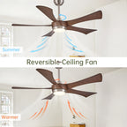 Ventilatore da soffitto reversibile da 52 pollici con luce LED dimmerabile, 5 pale in legno, nichel spazzolato, 3000K-6000K, telecomando, silenzioso per estate e inverno