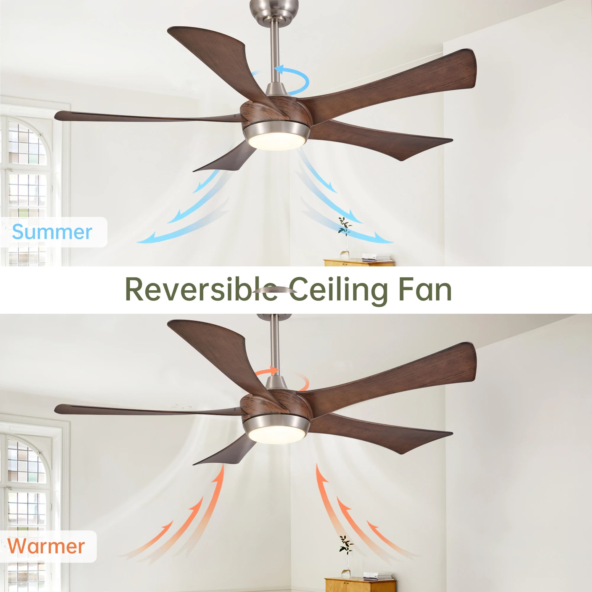 Ventilatore da soffitto reversibile da 52 pollici con luce LED dimmerabile, 5 pale in legno, nichel spazzolato, 3000K-6000K, telecomando, silenzioso per estate e inverno
