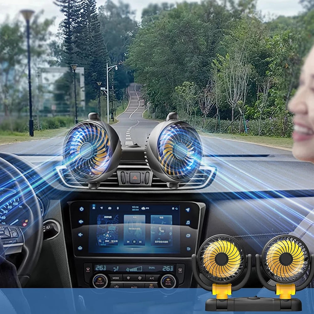 Ventilatore per Auto 12V a Doppia Testa con Rotazione a 360 Gradi, Portatile, 2 Velocità, Vento Forte, Alimentazione da Presa Accendisigari per Camion, SUV, Camper