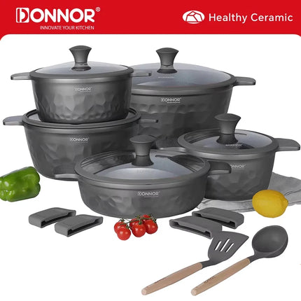 DONNOR 16 Pezzi Set di Pentole con Coperchio per Induzione, Pentola Multiuso per Stufato e Zuppa JT450