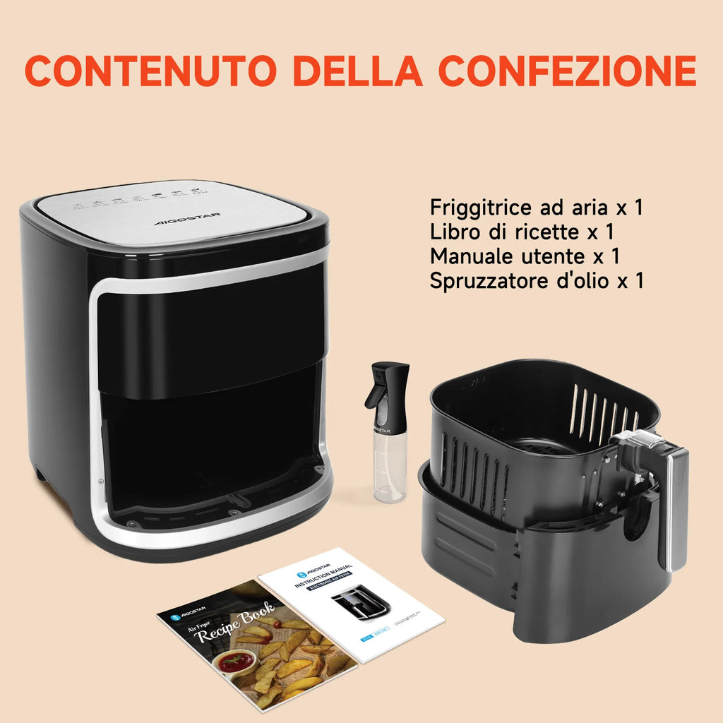 Aigostar Friggitrice ad aria 7 litri, 1900W, Nero, 7 programmi, Forno a convezione 360°