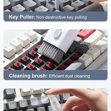 Kit 7 in 1: spazzola per la pulizia della tastiera del computer, penna per la pulizia degli auricolari, strumenti per la pulizia della tastiera, kit estrattore di copritasti, detergente