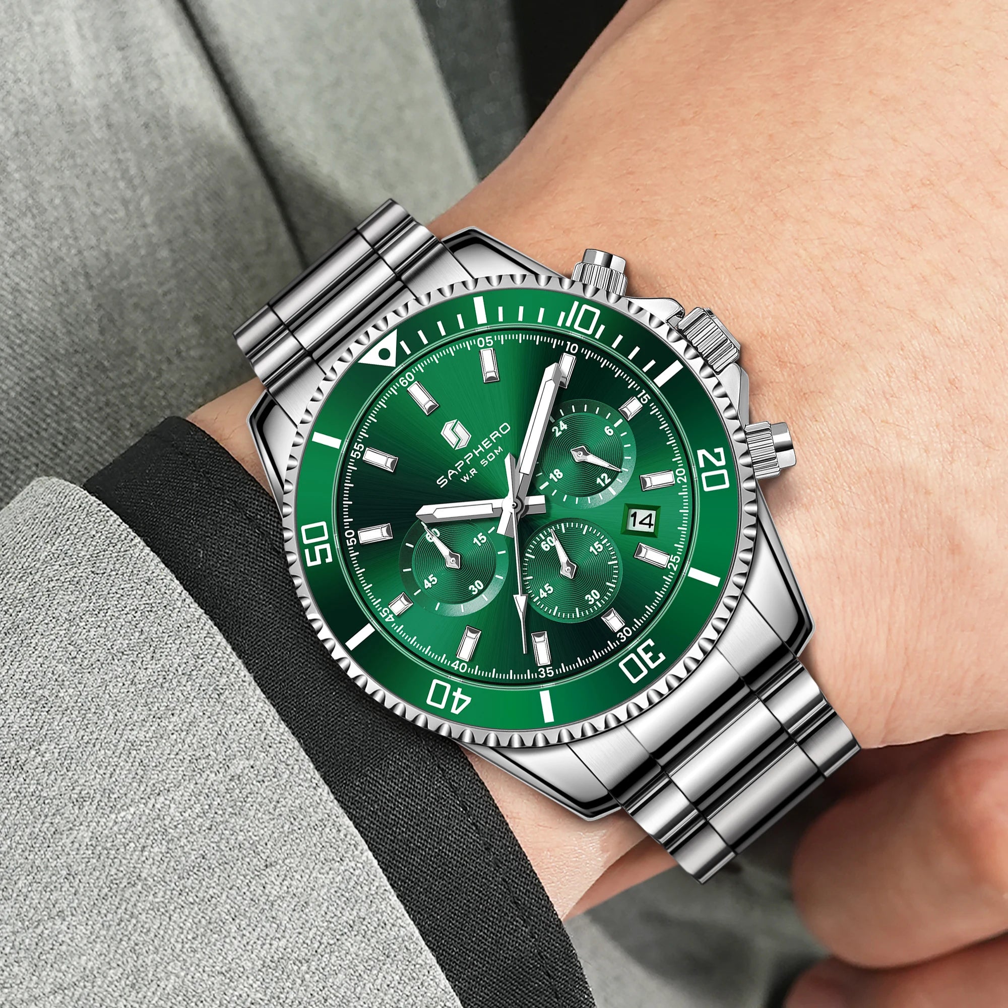 SAPPHERO Orologio Uomo Quarzo Cronografo Sport Acciaio Inossidabile Impermeabile 50M