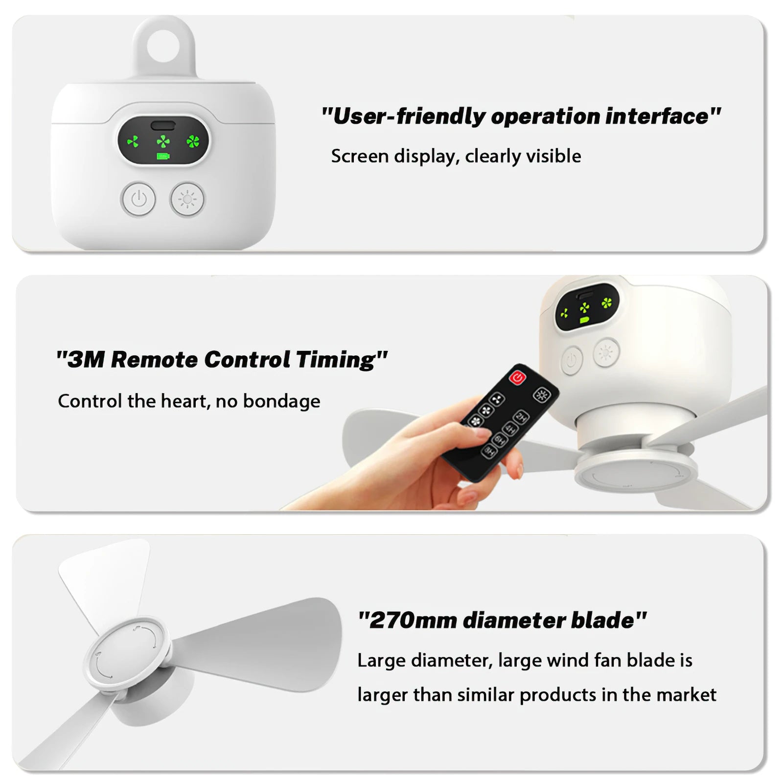 Ventilatore da soffitto USB da 8000 mAh, ventilatore da campeggio ricaricabile con luci a LED e telecomando, ventilatore portatile da tenda per viaggi all'aperto, silenzioso a 3 velocità (bianco), ventilatore da soffitto ric