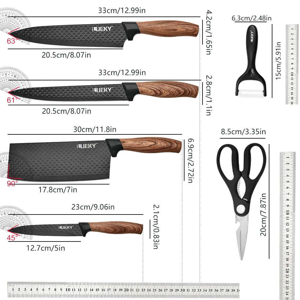 Set di 6 Coltelli da Cucina ZENG con Lame Affilate Antiaderenti, Manico Ergonomico in Legno, Set Completo per Cucinare e Tagliare
