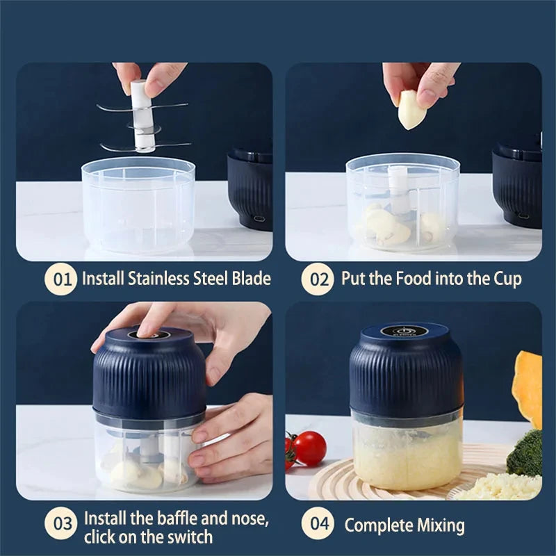 Mini Akku-Zerkleinerer, 250ml, USB-wiederaufladbar, Knoblauch- und Gemüseschneider, Knoblauchpresse