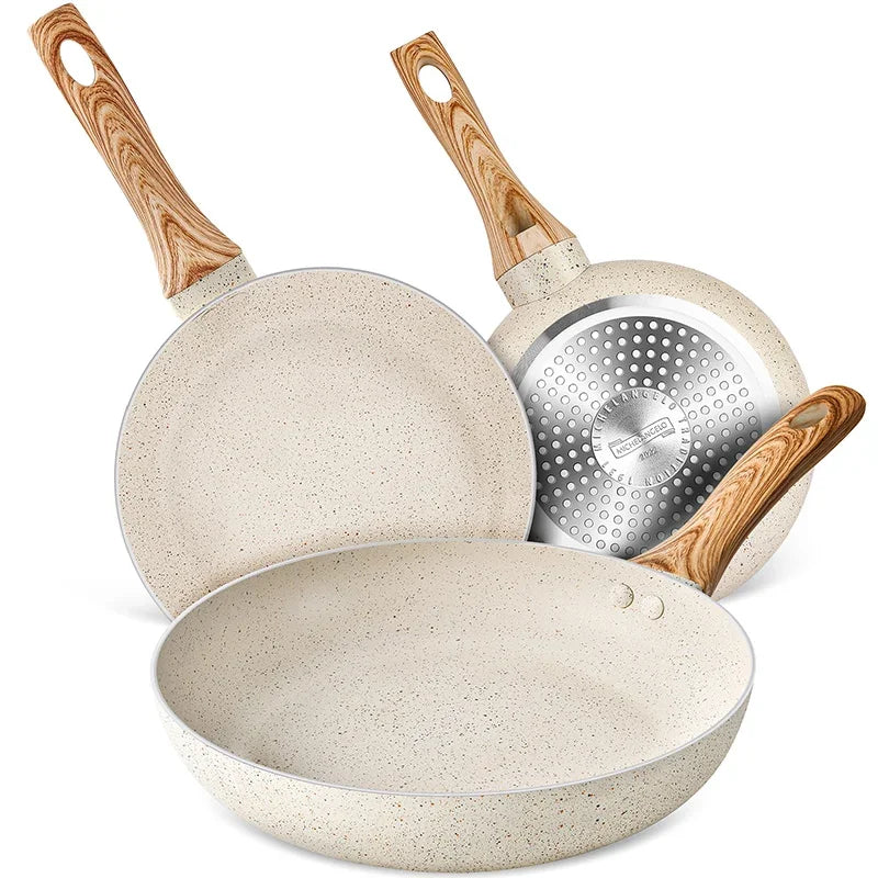 MICHELANGELO Set di padelle in granito da 8/9,5/11 pollici Padella bianca antiaderente con manico antiscottatura Padella per frittata Compatibile con induzione