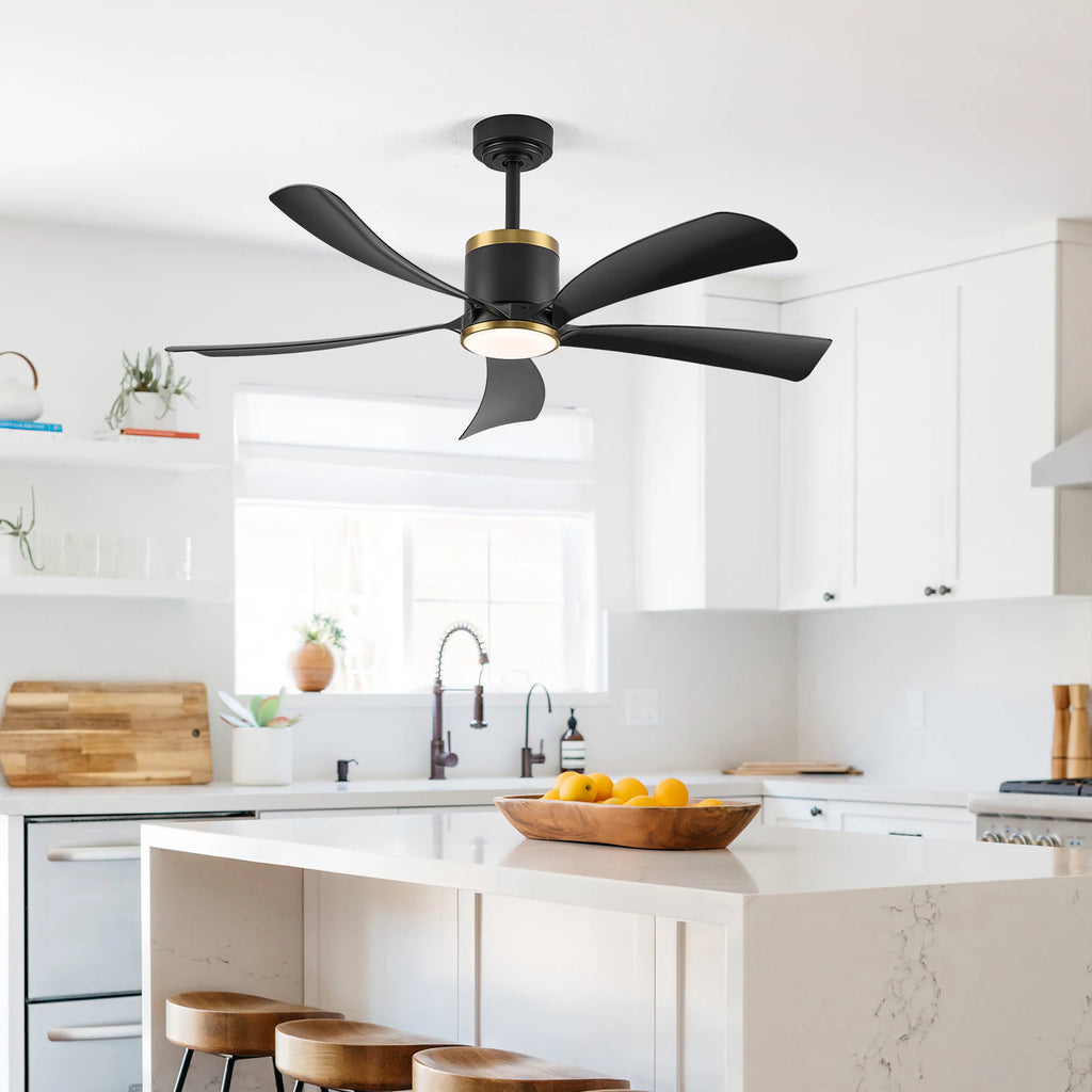 Ventilatore da Soffitto Reversibile da 52 Pollici con Luce, Nero e Oro, 5 Pale, LED 20W, 6 Velocità, Telecomando, Silenzioso, per Interni, Moderno, Estate e Inverno
