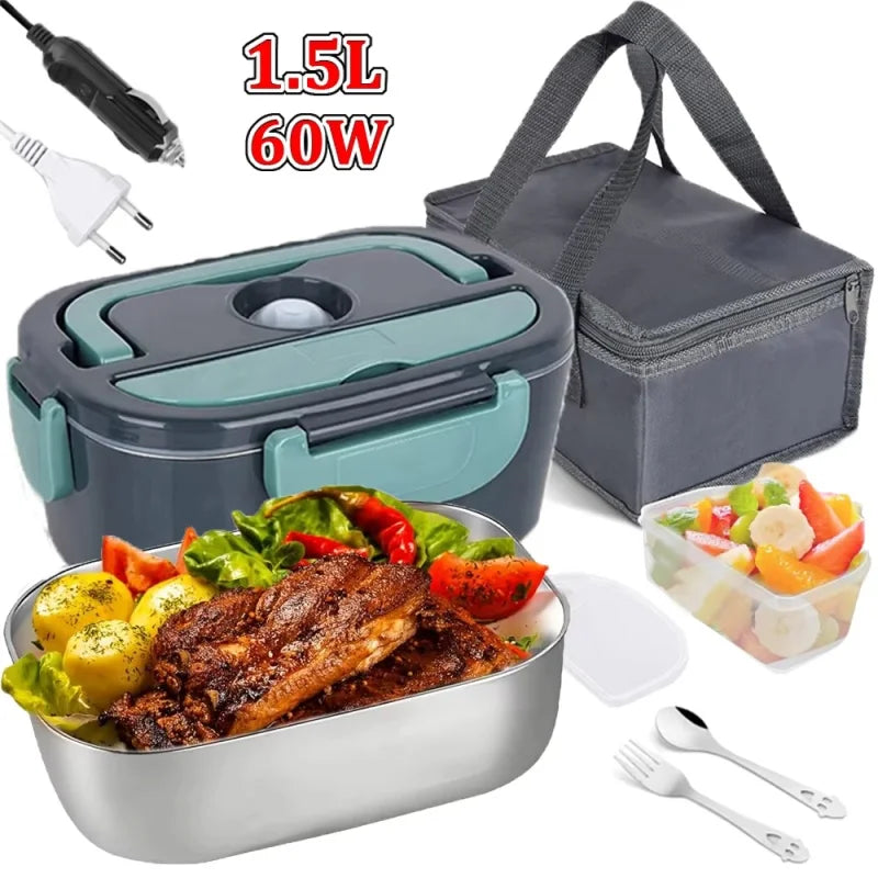 2-in-1 Elektrische Heizung Brotdose 1.5L für Zuhause und Auto 220V 60W Tragbarer Edelstahl Essensbehälter Bento Box