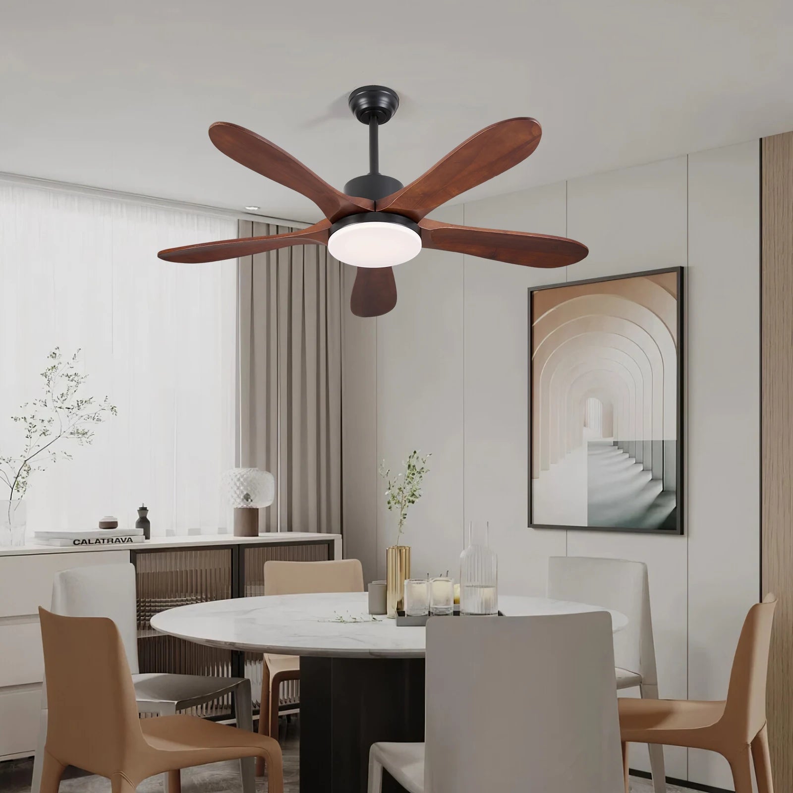 Ventilatore da soffitto da 132 cm con luce, reversibile, 6 velocità, LED da 30 W, telecomando, nero/marrone