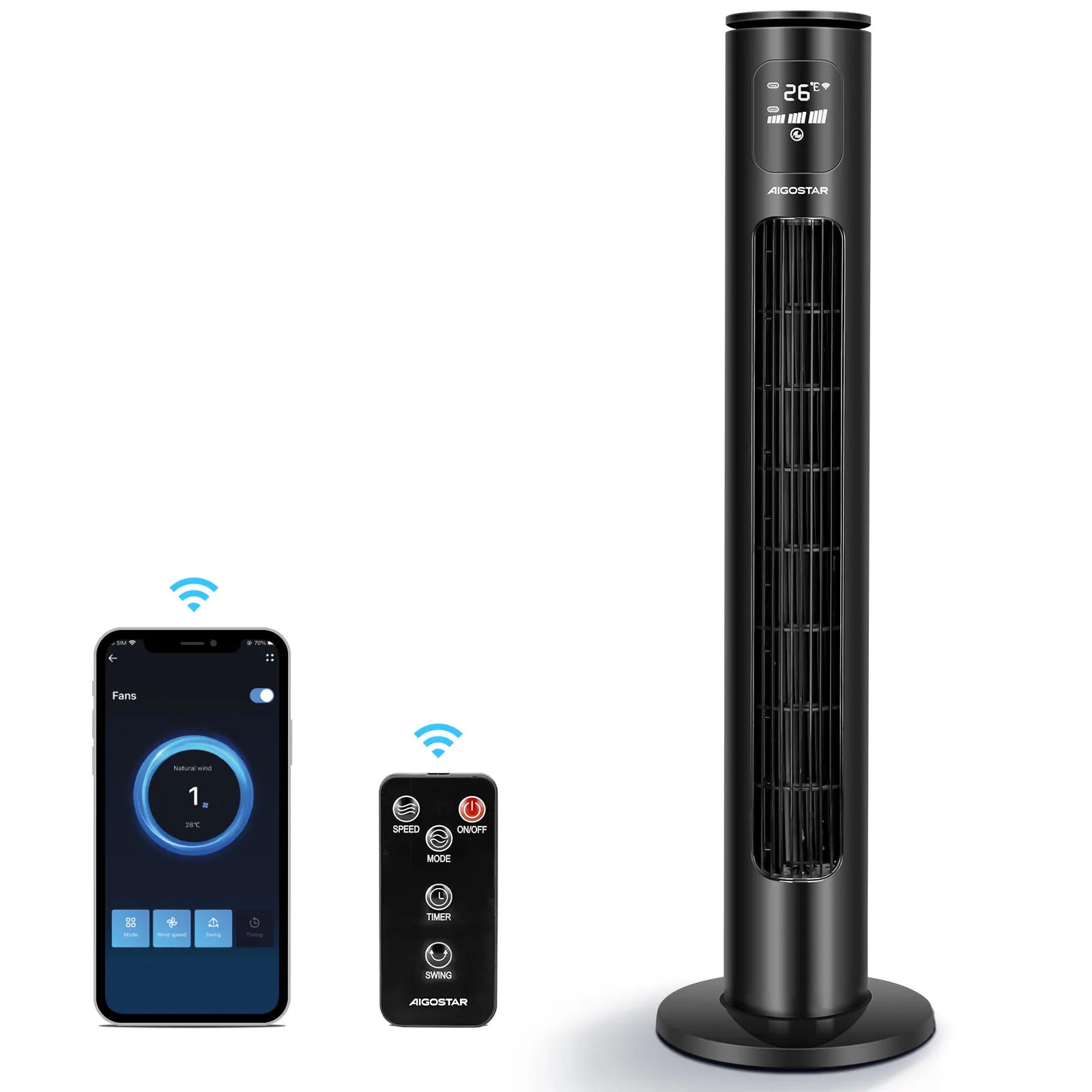 Aigostar Ross Smart - Ventilatore a torre Smart WiFi con telecomando, 50W, display LED, oscillazione 70°, 3 velocità 3 modalità, timer 24 ore, controllo APP, adatto per casa e ufficio