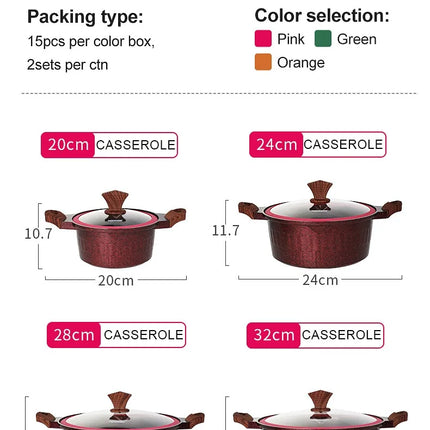 DONNOR Set di pentole da 6/15 pezzi, pentola per zuppa antiaderente, pentola per stufato con coperchio in vetro, pentole con rivestimento sano in granito per fornelli da cucina universali