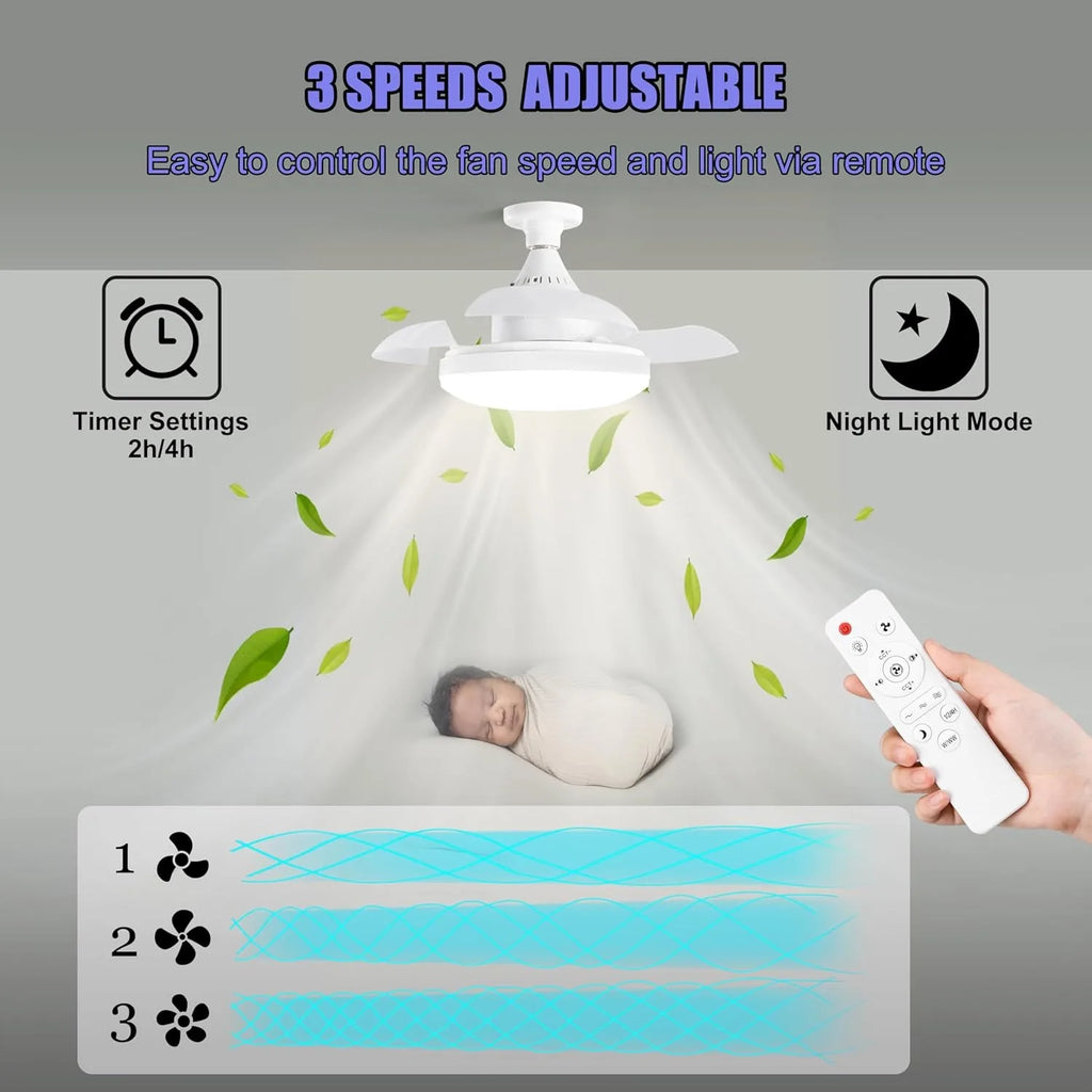 Ventilatore da soffitto JOYINLED con illuminazione e telecomando, pale retrattili a scomparsa, luce dimmerabile, silenzioso, 3 velocità per camera da letto