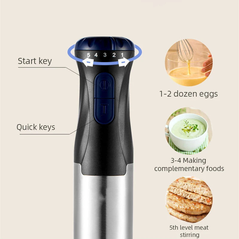 Edelstahl 4-in-1 Stabmixer Set, Handmixer, Gemüseschneider und Fleischwolf, Smoothie Maker