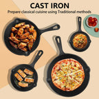 Set di 4 Padelle in Ghisa Pretrattata, 14-26cm, Antiaderenti, Riscaldamento Uniforme, Manici Ergonomici per Gas, Induzione, Falò, BBQ