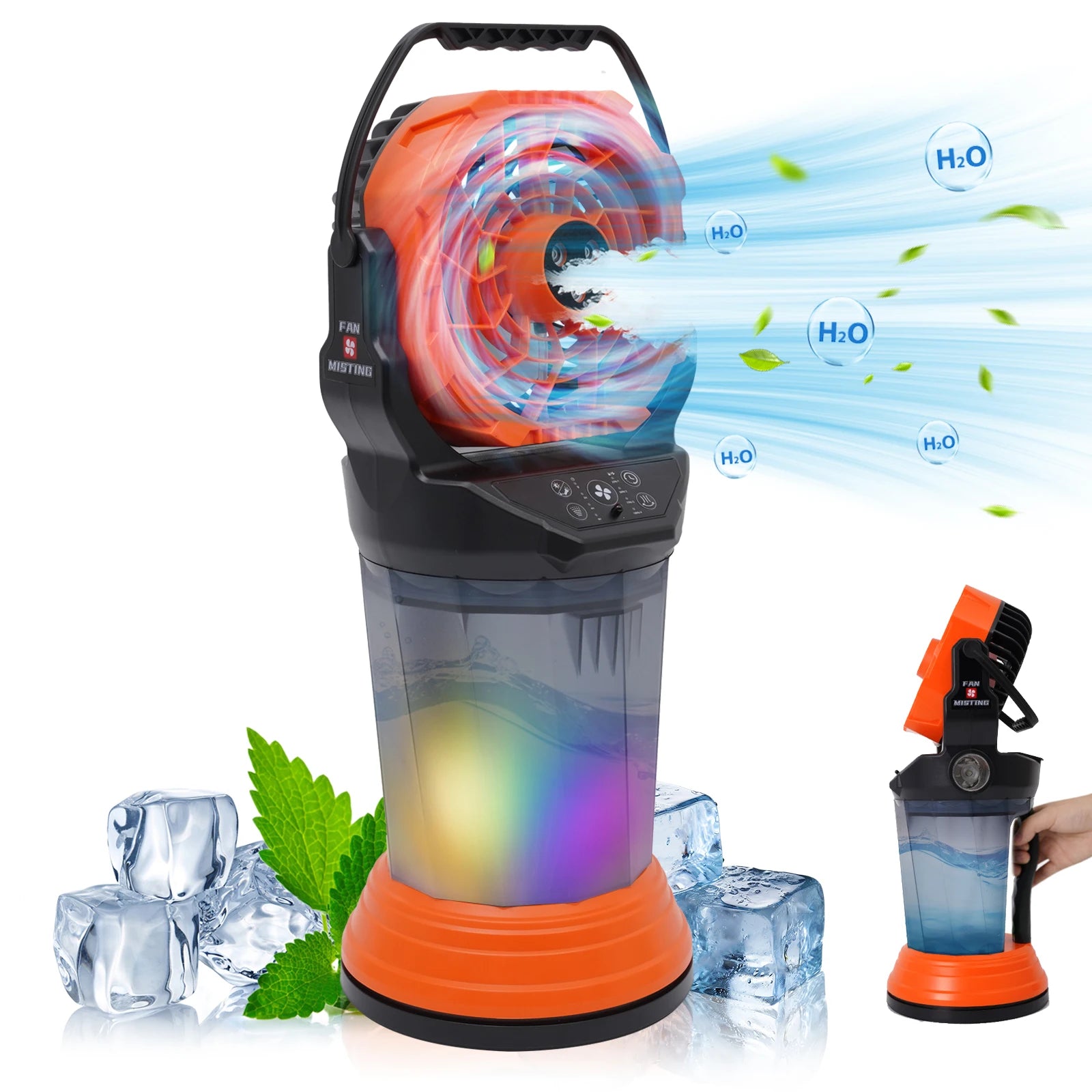 Ventilatore da campeggio per esterni da 15000 mAh con funzione spray, 4 velocità, luce LED e torcia, nero/arancione/verde