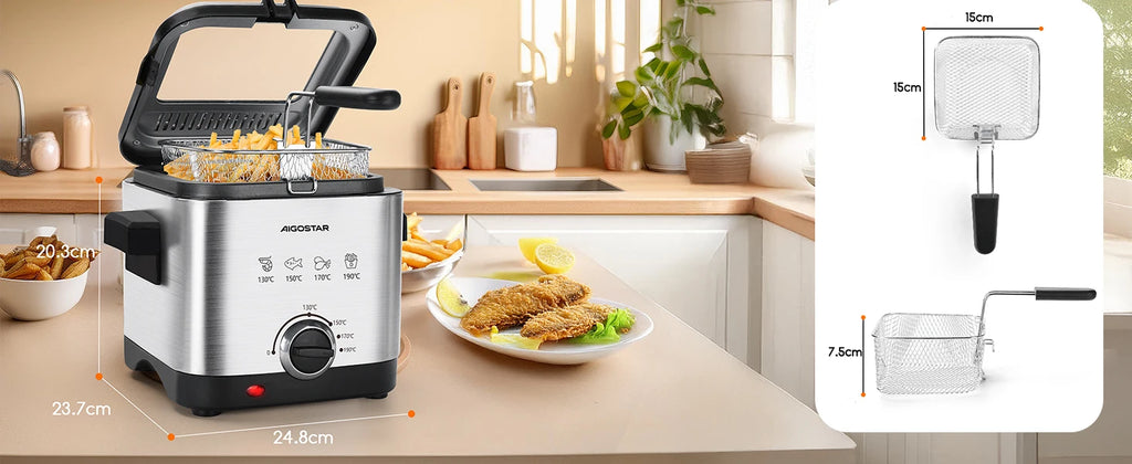 Aigostar Fries 30IZD 1.5L Friggitrice Compatta in Acciaio Inossidabile 1000W con Finestra di Visualizzazione e Controllo Temperatura