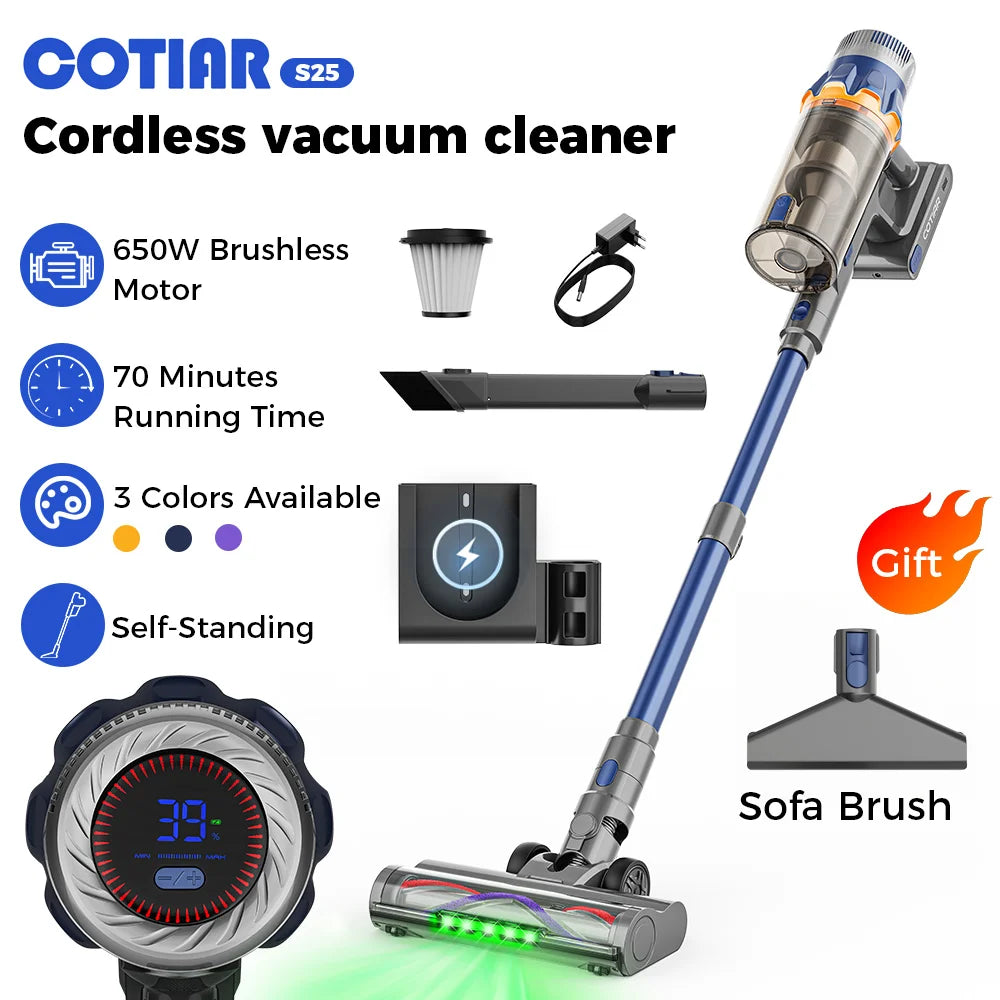 Cotiar 650W 60kPa Kabelloser Staubsauger Stielstaubsauger Handstaubsauger 70 Minuten Laufzeit Multifunktional S25