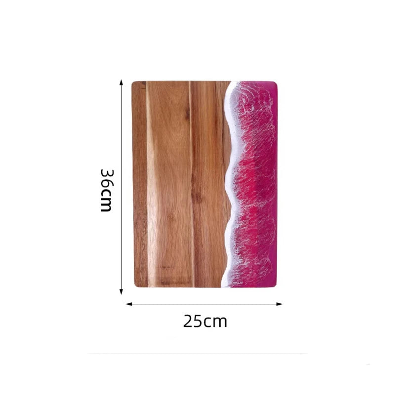 Schneidebrett aus Akazienholz mit gewelltem Harz in rosa Farbe, Challah-Schneidebrett für die Küche, Essenszubereitung, Serviertablett, Käseschneidebrett aus Holz