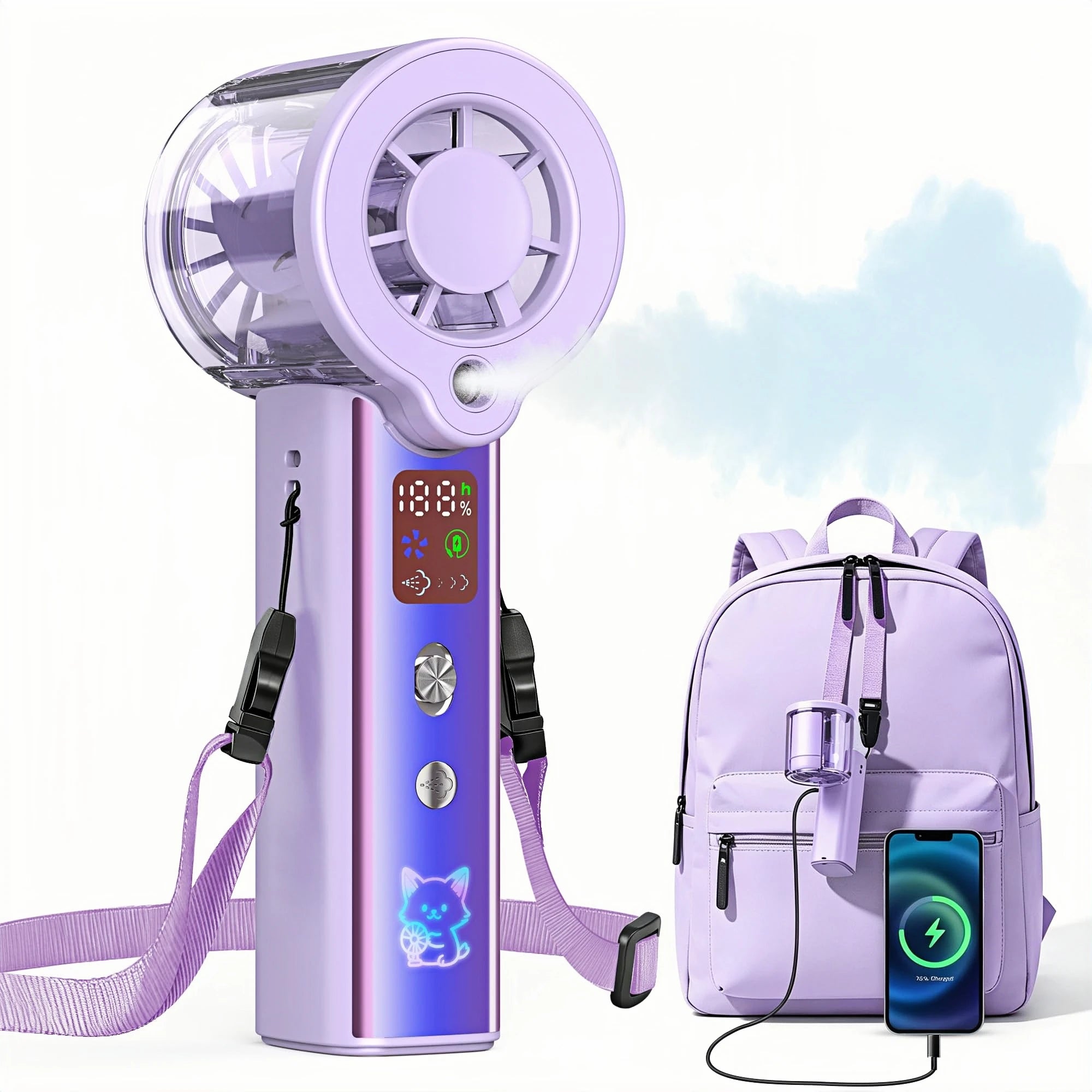 Ventilatore portatile con nebulizzatore, ventilatore personale turbo ad alta velocità da 30000 RPM con velocità regolabili, mini ventilatore spray ricaricabile da 3000 mAh, con display LED, per viaggi, attività all'aperto,