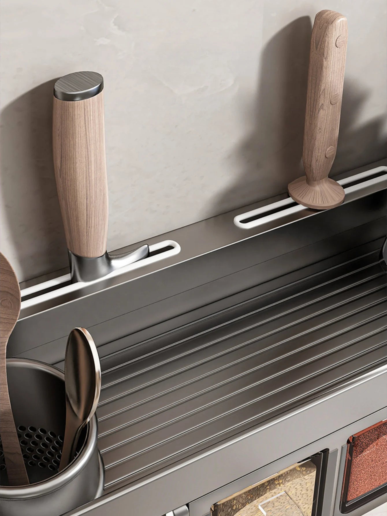Scaffale portaoggetti da parete per cucina, portaoggetti drenabile per coltelli, bacchette, organizer combinato per spezie da cucina