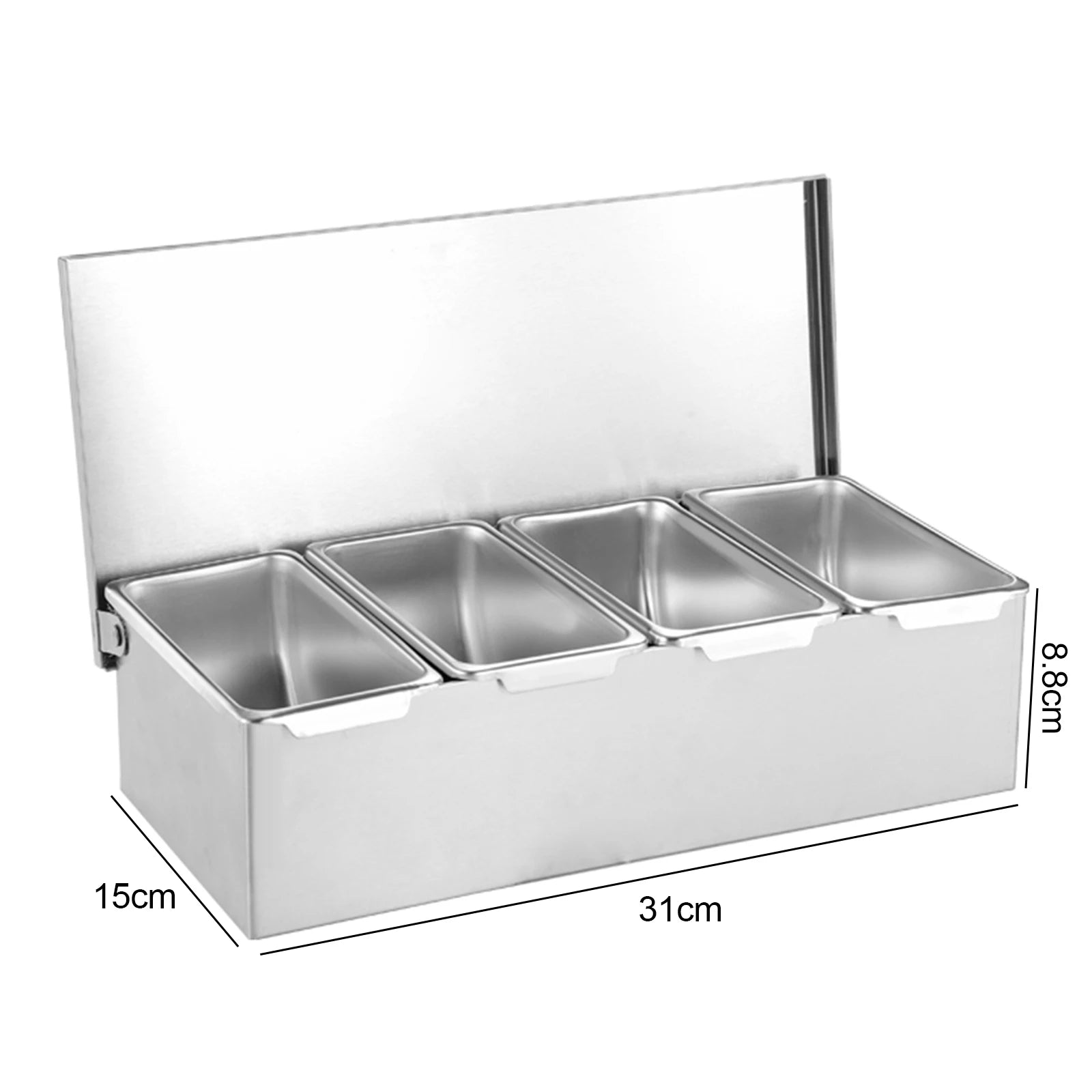 Silberne Obstschale aus Edelstahl mit 4 Fächern, Obstaufbewahrungsbox für den Haushalt, Gewürzbox für Küchen, Restaurants, Bars