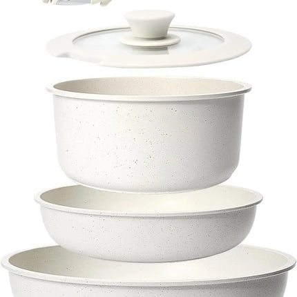 DONNOR Induction Cookware Set, Set di 5 Pentole e Padelle, Set di Pentole Impilabili per Camper in Granito Antiaderente per Tutti i Piani Cottura JT272