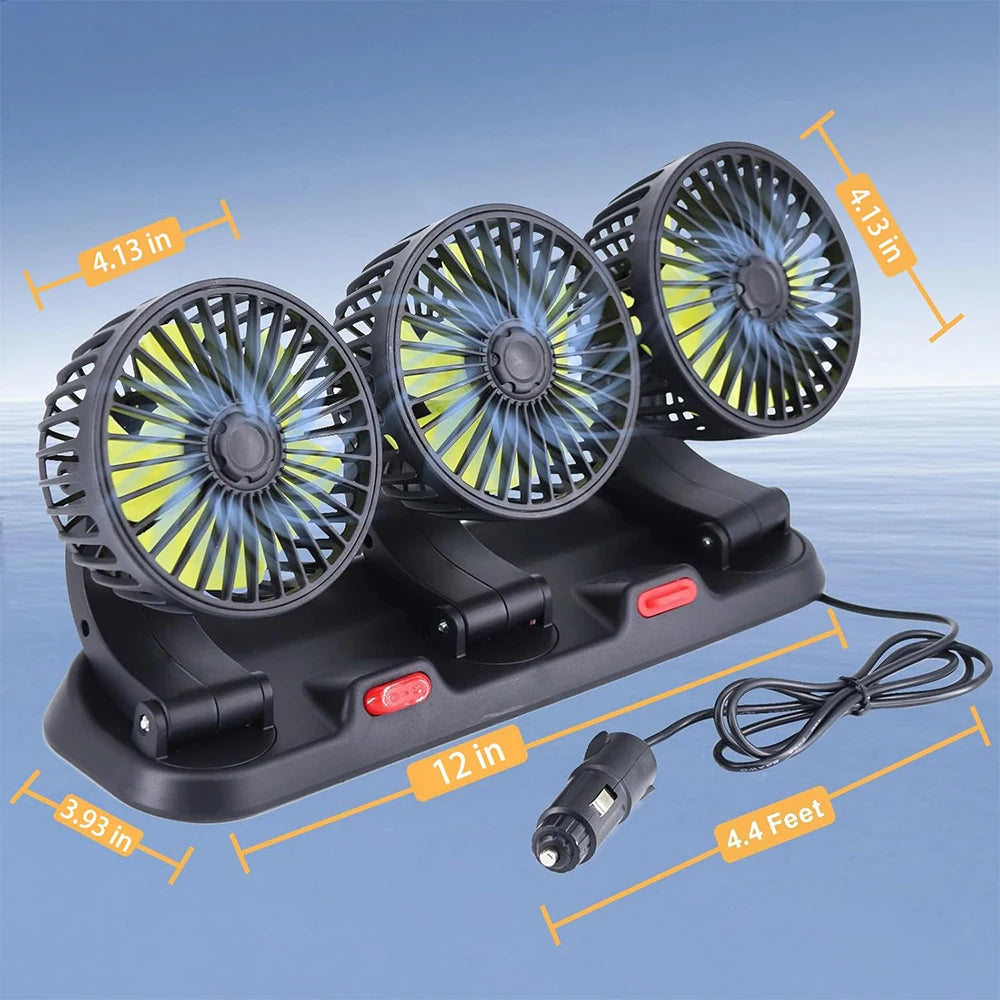 Ventilatore portatile per auto a 3 teste - 2 velocità regolabili, 360° °   Presa Accendisigari Girevole, Potente Flusso d'Aria per Veicoli, Camper e SUV