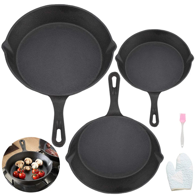 Set di 3 padelle in ghisa nera non rivestita, padella e casseruola antiaderenti in acciaio per friggere e cucinare