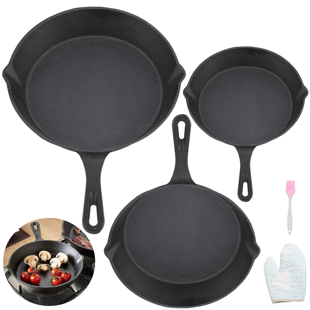 Set di 3 Padelle in Ghisa Non Rivestita Nera per Friggere, Pentola Antiaderente in Acciaio, Padella e Casseruola per Cucina