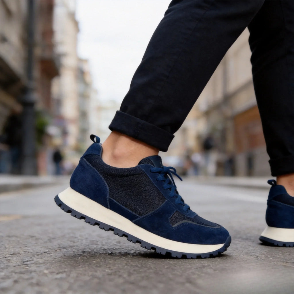 Herren-Freizeitschuhe aus Wildleder und Mesh, Navy-Blau, atmungsaktive Sneaker mit Schnürsenkeln, bequeme Schuhe mit dicker Sohle für den täglichen Gebrauch