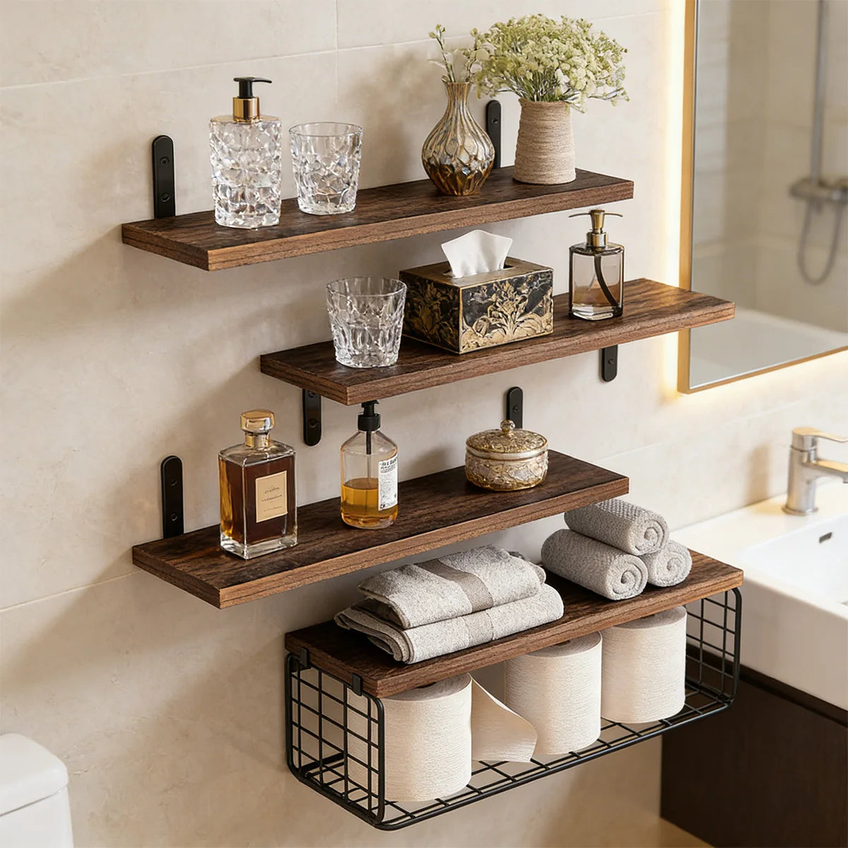 Mensole da Bagno Sopra il WC con Cesto Portaoggetti, Mensola Galleggiante a Muro per Organizzazione Domestica e Decorazione, Bagno/Cucina