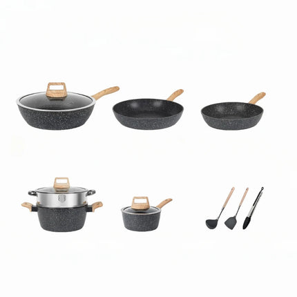 Set di Pentole da Cucina Essenziali, 12 Pezzi, Antiaderenti con Rivestimento in Granito e Compatibilità Universale con Piani Cottura a Gas