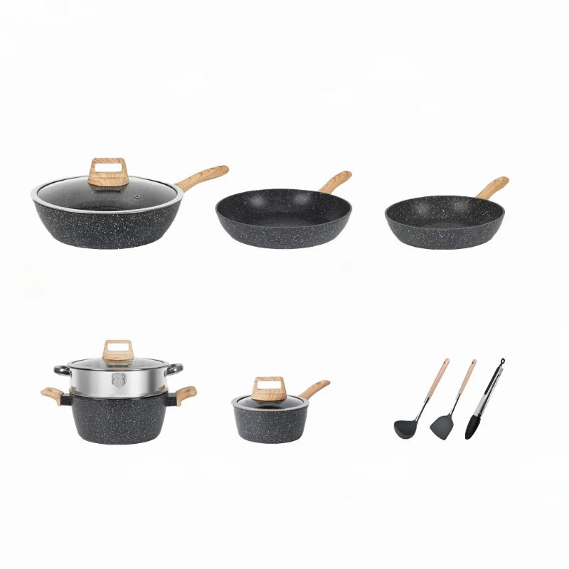 Set di Pentole da Cucina Essenziali, 12 Pezzi, Antiaderenti con Rivestimento in Granito e Compatibilità Universale con Sensori a Gas