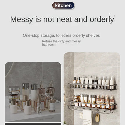 Scaffale contenitore multifunzionale da cucina di lusso leggero, portaspezie da parete senza foratura, mensola da parete in acciaio inossidabile