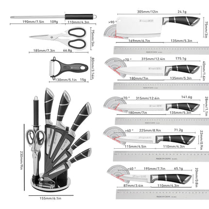 Set di 9 coltelli da cucina neri con manico cavo in acciaio inossidabile, affilati, robusti, antiruggine, ad alta durezza, con blocco porta coltelli per la casa