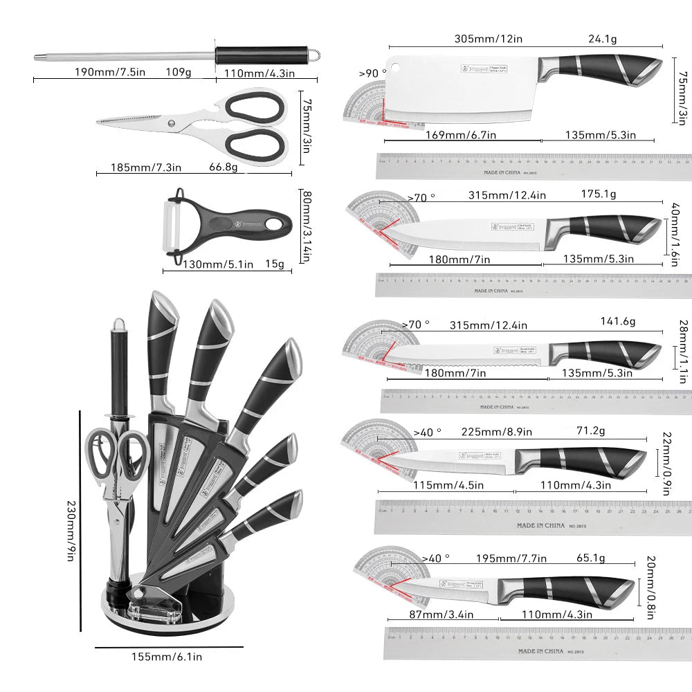 Set mit 9 schwarzen Küchenmessern mit hohlem Edelstahlgriff, scharf, langlebig, rostfrei, hohe Härte, mit Messerblock für zu Hause