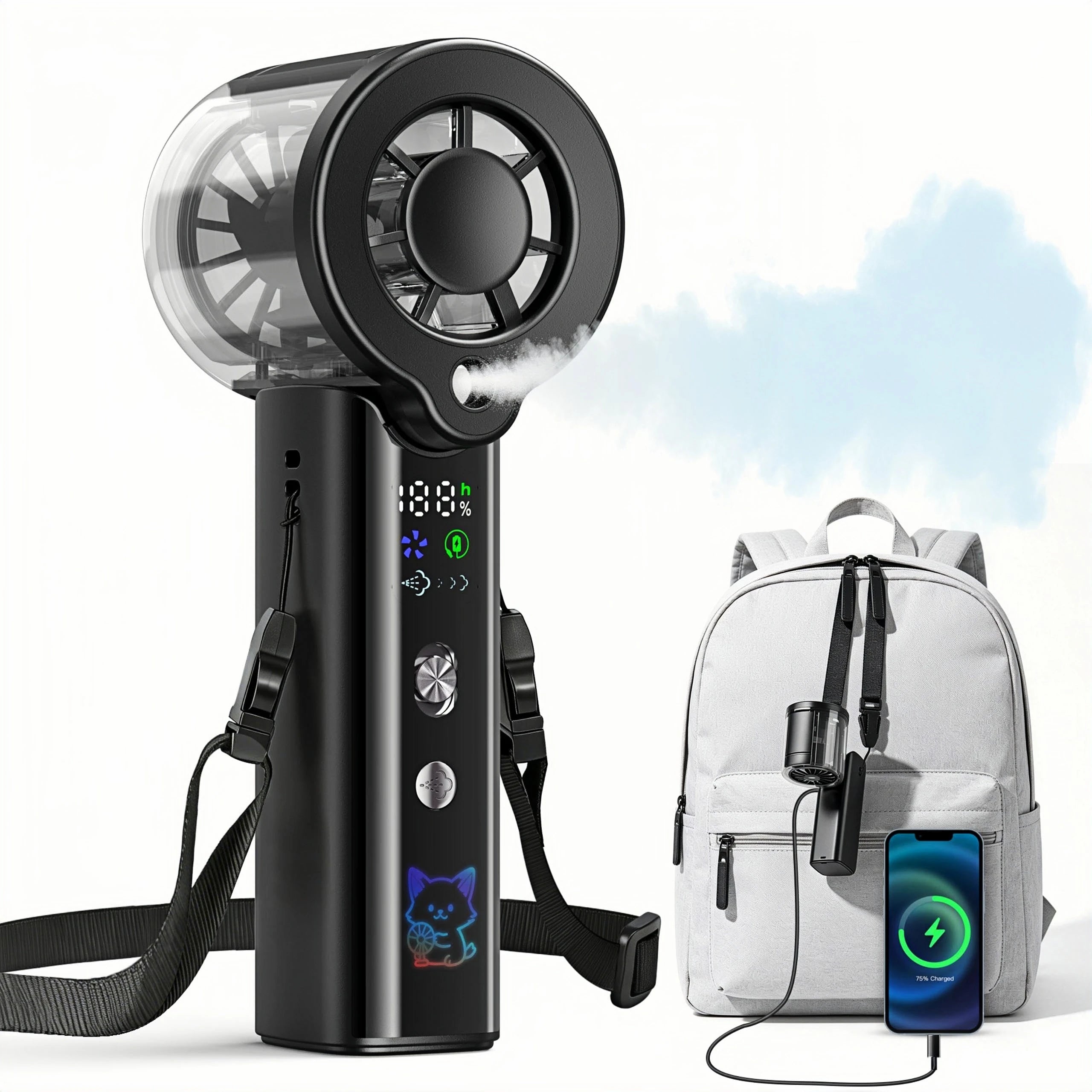 Ventilatore portatile con nebulizzatore, ventilatore personale turbo ad alta velocità da 30000 RPM con velocità regolabili, mini ventilatore spray ricaricabile da 3000 mAh, con display LED, per viaggi, attività all'aperto,
