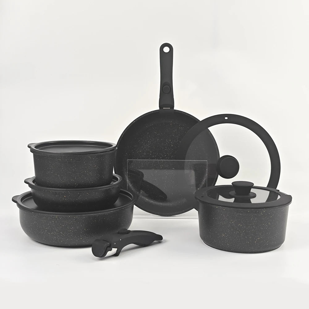 DONNOR 17 Pezzi Set di Pentole e Padelle Set di Pentole Antiaderenti con Manico Staccabile Set di Pentole da Cucina a Induzione Set di Padelle JT271