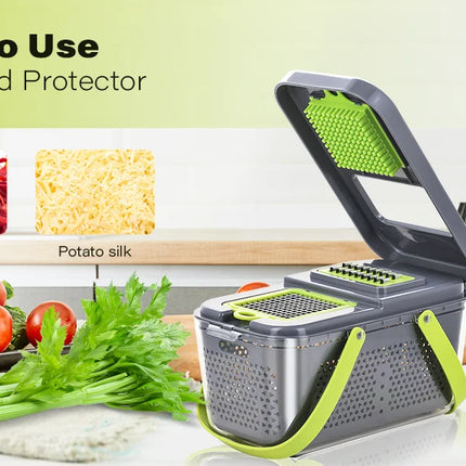Tritaverdure multifunzione 22 in 1, mandolina, affettatrice, tritatutto per cipolle, grattugia per alimenti con cestello di scolo e contenitore, accessori da cucina