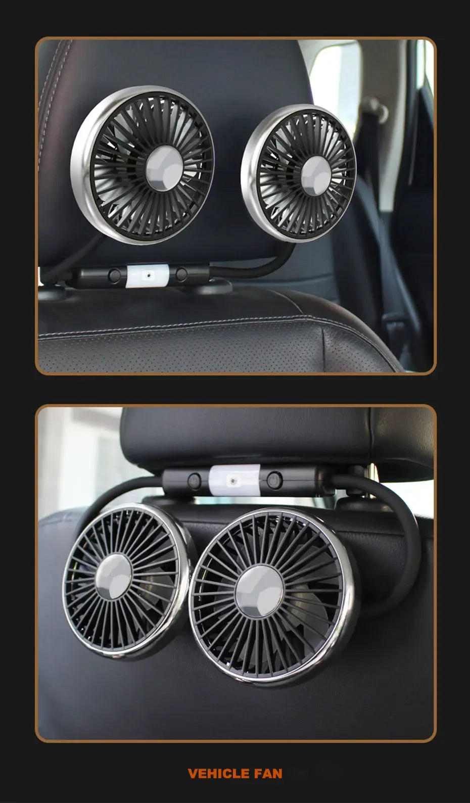 Ventilatore portatile USB a doppia testa regolabile con interruttore indipendente, 3 velocità 360° °   Ventilatore da Poggiatesta per Auto, per Casa e Sedile Posteriore