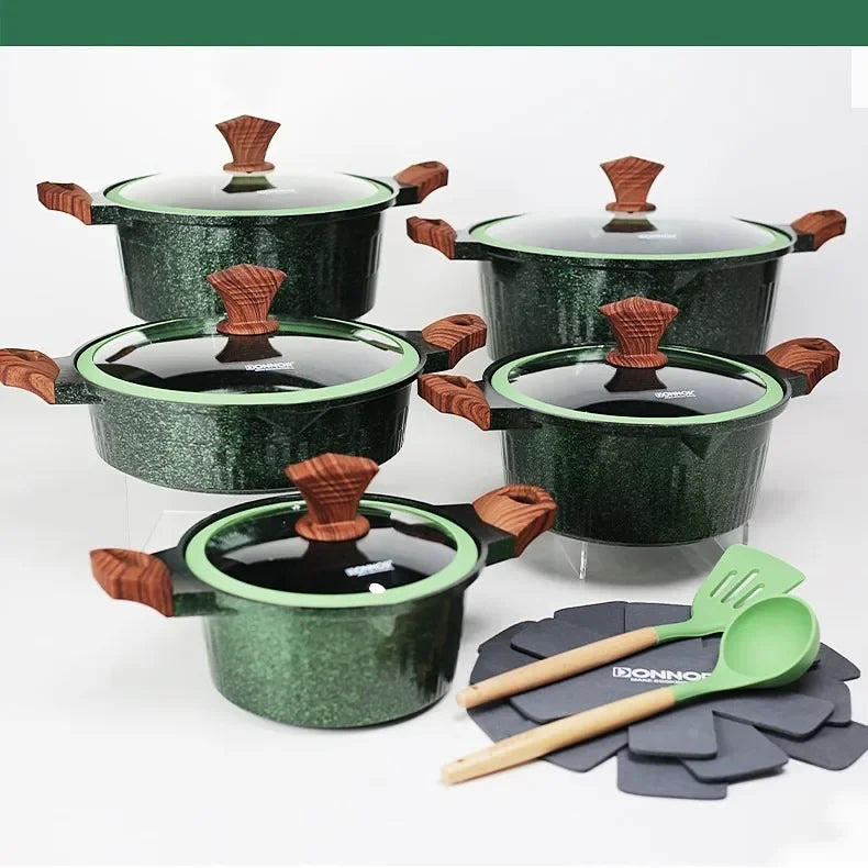 DONNOR Set di Pentole 6/15 Pezzi Pentola per Zuppa Antiaderente Pentola per Stufato con Coperchio in Vetro Pentole per Cappotto Sano in Granito per Stufe da Cucina Universali